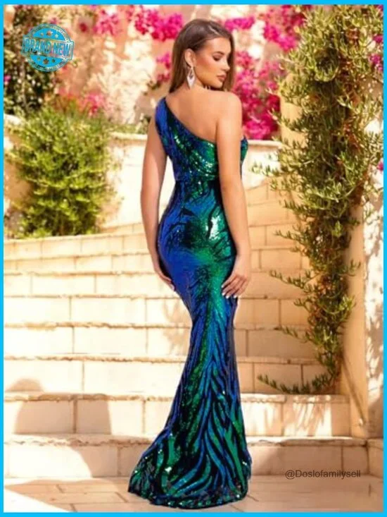 Holographic Sequin Formal Dress Stretch Maxi Prom Evening Gown Elegant - Picture 4 of 7